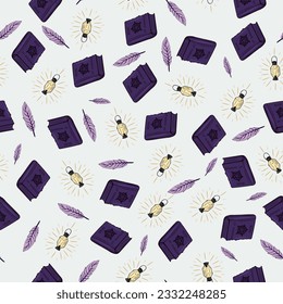 Seamless pattern with feathers, lanterns and spell books on a light background.