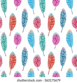 Seamless pattern with feathers and leaves and abstraction. Vector hand drawn illustration.