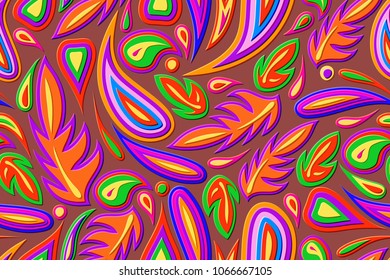 Seamless pattern of the feathers and leaves. Chili oil background