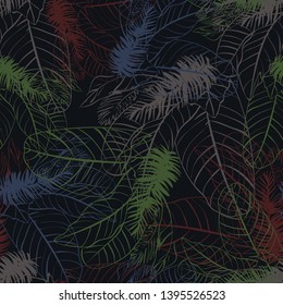 Seamless pattern with feathers and leaves on dark background