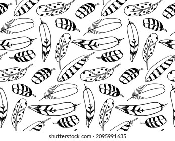 Seamless pattern with Feathers. Linear monochrome backdrop. Hand drawn black and white sketch vector illustration for wallpaper, wrapping, packing, textile, scrapbooking. Textured Decorated Feathers.