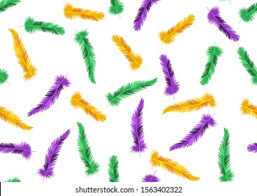 Seamless pattern with feathers in Mardi Gras colors. Carnival background for traditional holiday or festival.