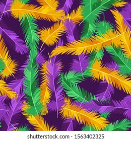 Seamless pattern with feathers in Mardi Gras colors. Carnival background for traditional holiday or festival.