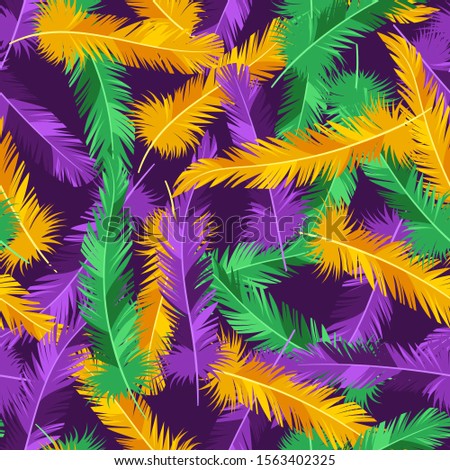 Seamless pattern with feathers in Mardi Gras colors. Carnival background for traditional holiday or festival.