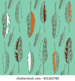 Seamless pattern of feathers. Multicolor vector ornament. Pattern can be used for wallpaper, web page background, surface textures, fabric