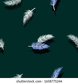 Seamless pattern with feathers on a dark background. Vector texture for textiles, fabrics, footwear, wrapping paper, napkins, phone cases, bags.