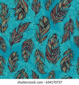seamless pattern with feathers on mandala background