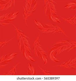 Seamless pattern of feathers on red background.