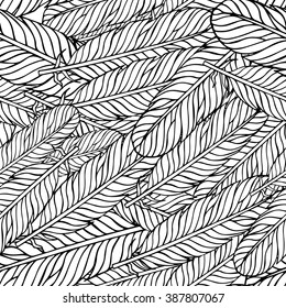 Seamless pattern with feathers outline.Boho Style Elements. Vector Drawing. Seamless illustration for coloring book, packaging, web pages. 