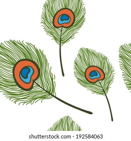 Seamless pattern with feathers peacock, vector illustration