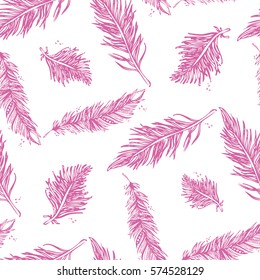 Seamless Pattern with Feathers pinkish purple on a white background. Vintage Artistically hand drawn stylized tribal feathers. Doodle Ink drawing. Boho style. Stock vector.