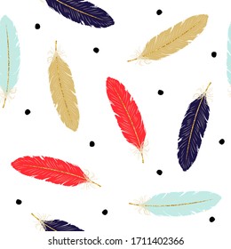 Seamless pattern with feathers. Print for textile or paper, Vector hand drawn illustration.