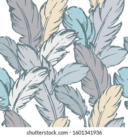 Seamless Pattern with Feathers. For printing wrapping paper, wallpaper, packaging, fabric. Hand Drawn vector illustration.