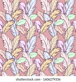 Seamless Pattern with Feathers. For printing wrapping paper, wallpaper, packaging, fabric. Hand Drawn vector illustration.