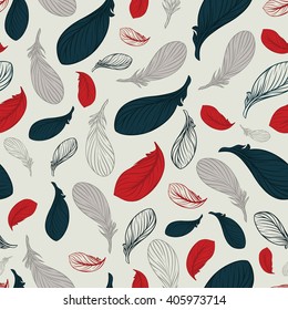 Seamless pattern with feathers, red, blue and grey feathers.