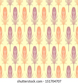 Seamless pattern with feathers in retro style. Soft colors. Can be used to web design, fabric design, decorative paper, etc. 