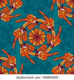 Seamless pattern with feathers. Round kaleidoscope of feathers and floral elements. Boho chic