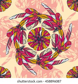 Seamless pattern with feathers. Round kaleidoscope of feathers and floral elements. Boho chic