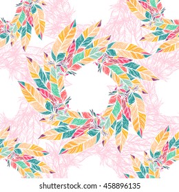 Seamless pattern with feathers. Round kaleidoscope of feathers and floral elements. Boho chic