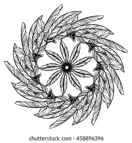 Seamless pattern with feathers. Round kaleidoscope of feathers and floral elements. Boho chic
