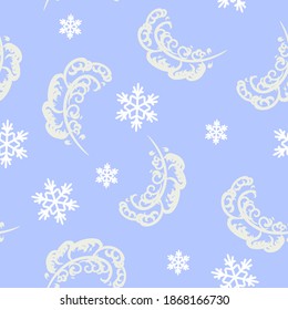seamless pattern with feathers   and snowflakes  on a blue background.vector illustration
