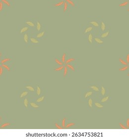 Seamless pattern with feathers of soft earthy tones arranged in a circle. Vector hand-drawn drawing in the boho color palette. It is perfect for textile, wallpaper, seasonal summer and spring projects