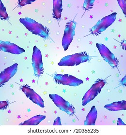 Seamless pattern with feathers with space texture inside. Trendy hipster background, fabric design, fashion textiles. Magical galaxy. Colorful vector illustration. Pastel goth style.