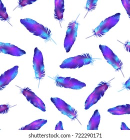 Seamless pattern with feathers with space texture inside. Trendy hipster background, fabric design, fashion textiles. Magical galaxy. Colorful vector illustration. Pastel goth style.