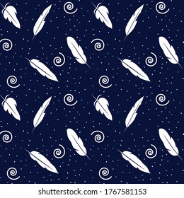 seamless pattern with feathers, spiral elements on a blue background. Vector