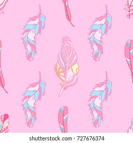 Seamless pattern with feathers. Texture. Feather. Abstract geometric wallpaper. Design Zentangle. Hand drawn feather with abstract patterns. Print for textiles, fabrics, polygraphy, posters. Zen art