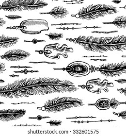 Seamless pattern with feathers and tribal elements. Black-and-white ethnic pattern. Hand drawing. A variety of ink Feather.