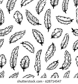 Seamless pattern with feathers. Vector bohemian background. Black and white wallpaper. Design for textile, decor, fabric.