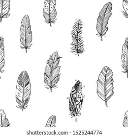 Seamless pattern of feathers. Vector cartoon background. Hand-drawn style.