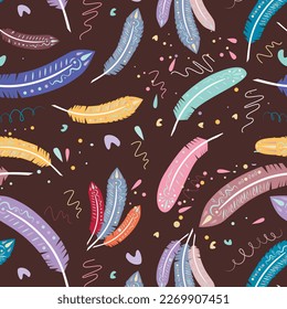 Motif harmonieux de plumes. Modèle d'image vectorielle. Été du printemps, arrière-plan folk dans le noir. 
