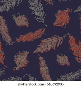 Seamless Pattern with Feathers. Vintage Artistically hand drawn stylized tribal feathers. Doodle Ink drawing. Boho style. Stock vector.