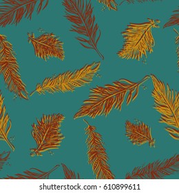 Seamless Pattern with Feathers. Vintage Artistically hand drawn stylized tribal feathers. Doodle Ink drawing. Boho style. Stock vector.