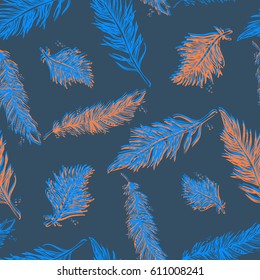 Seamless Pattern with Feathers. Vintage Artistically hand drawn stylized tribal feathers. Doodle Ink drawing. Boho style. Stock vector.