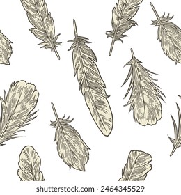 Seamless pattern with feathers. Vintage color vector engraving illustration. Isolated on white background. Hand drawn in a graphic style.