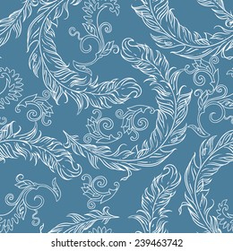 Seamless pattern with feathers and vintage stylized ornamental elements. Can be used for cards, invitations, fabrics, wallpapers, scrap-booking, ornamental template for design and decoration, etc