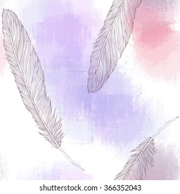 Seamless pattern with feathers and watercolor spots. Hand drawn Vector illustration.