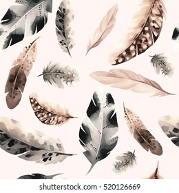 Seamless pattern of feathers in watercolor style