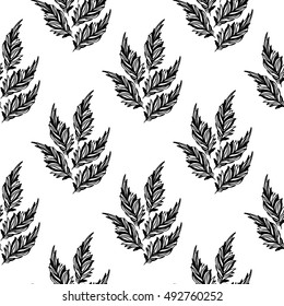 Seamless pattern with feathers. You can create gift and packaging paper, printed fabrics, holiday invites, birthday cards, party decorations, clothes, textile, stationary and more. Monochrome.