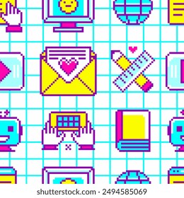 Seamless pattern featured pixel art icons: "my computer", writing app, chat bot, app for creating, on a grid background. Represents digital communication and fun retro y2k concepts