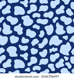 seamless pattern features abstract, irregular blue shapes on a darker blue background, creating a modern and dynamic design perfect for textiles and wallpapers