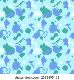 seamless pattern features abstract watercolor splatters in shades of blue and green on a light blue background, creating a vibrant and playful design