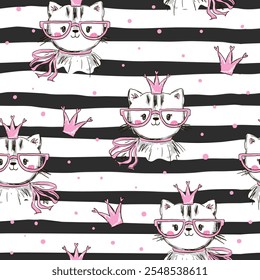 Seamless pattern features adorable cats wearing pink glasses and crowns, set against a striped black and white background with pink polka dots.