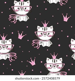 Seamless pattern features adorable cats wearing pink glasses and crowns, set against a striped black and white background with pink polka dots.