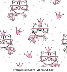 Seamless pattern features adorable cats wearing pink glasses and crowns, set against a striped and white background with pink polka dots.