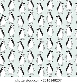 seamless pattern features adorable penguins in playful poses, surrounded by icy landscapes and snowflakes. Perfect for winter-themed design, it adds a charming touch to any project.