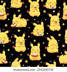 seamless pattern features adorable Pikachu characters in various playful and joyful poses, eating donuts and ramen, set against a black background with yellow stars